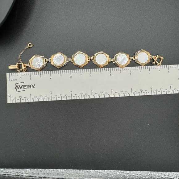 Mother of Pearl Gold Tone Hexagonal Art Deco Bracelet with Safety - Picture 7 of 14